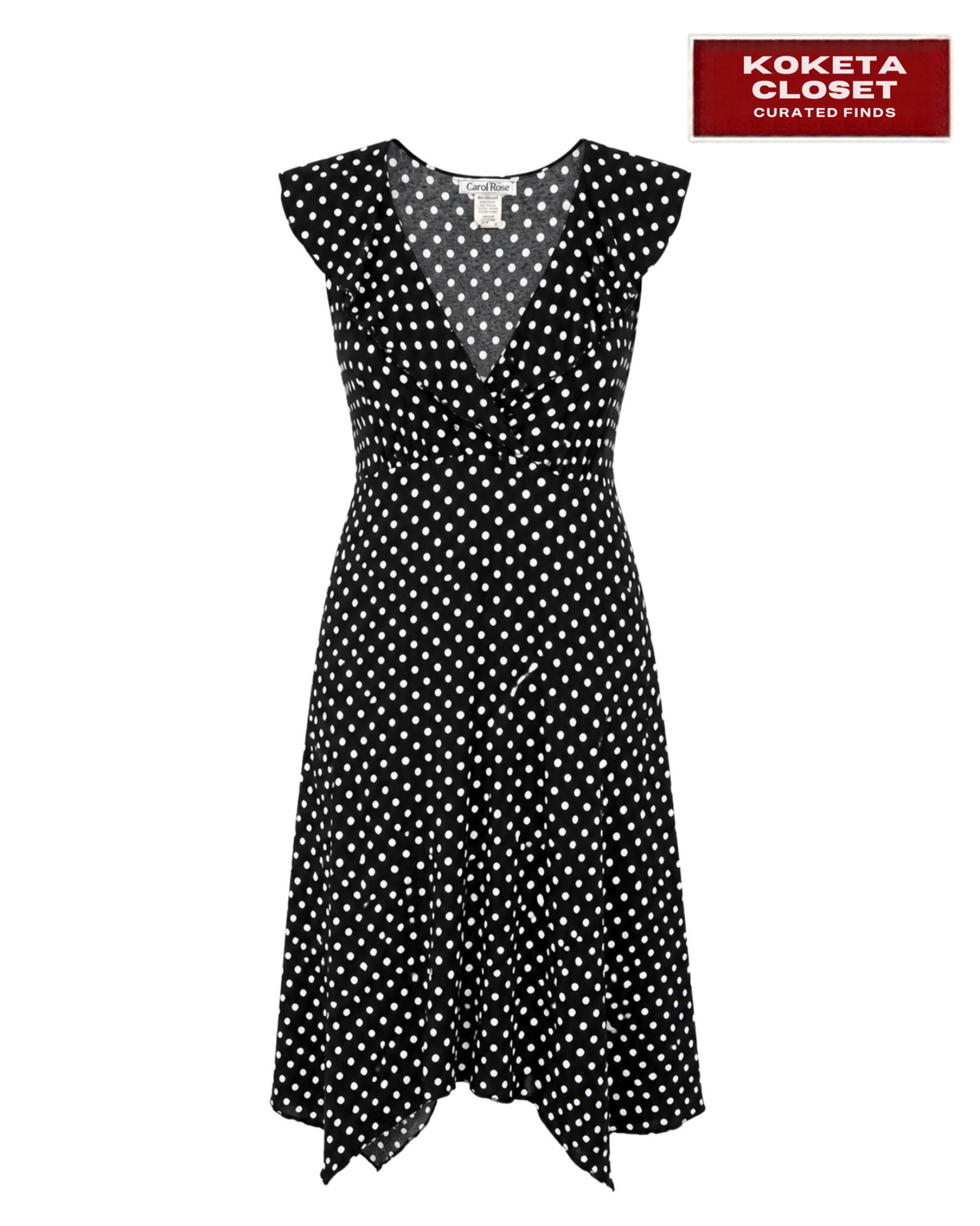 Carol Rose black and white polka dot dress with ruffled neckline, flutter sleeves and asymmetric hem